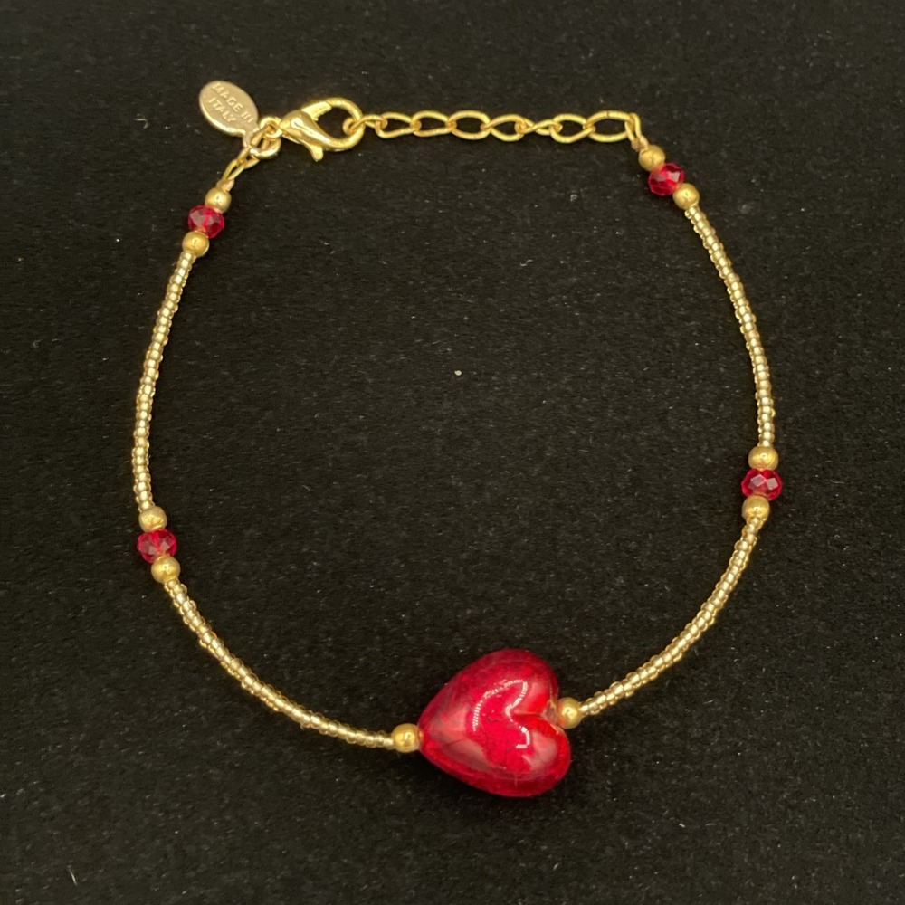 Murano Glass Heart And Gold Seed Bead Bracelet - Ruby Red Heart Signed Metal Tag